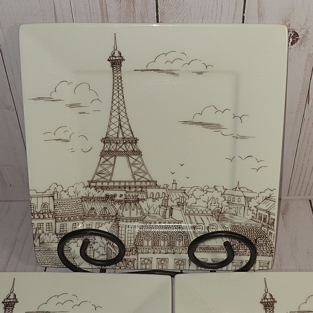 222 Fifth CITY SCENES Sepia Appetizer/dessert PARIS Eiffel Tower Plates Lot 4